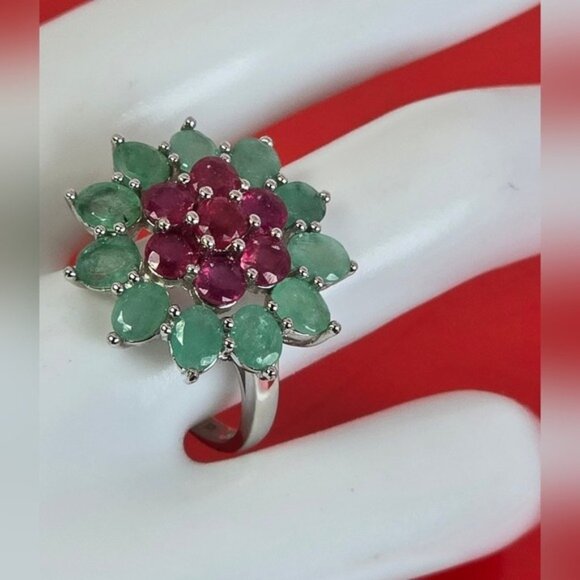 925 Sterling Silver Ring SZ 9 with Natural Ruby & Emerald Gemstone - Picture 6 of 15